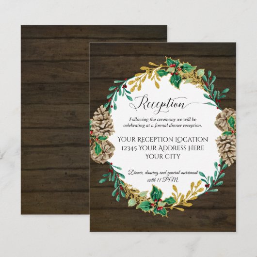 Invitation Réception de mariage de Noël avec verdure en bois  (Devant / Derrière)