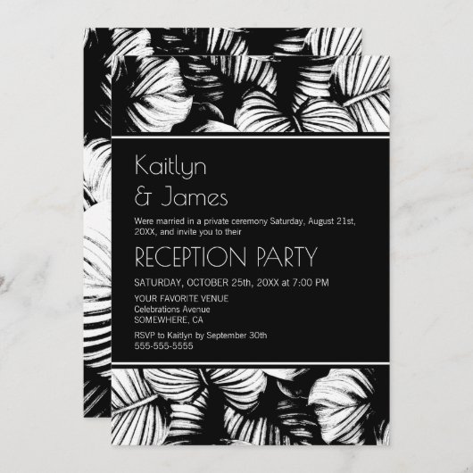 Invitation Réception de mariage de palme tropicale noire et b (Devant / Derrière)