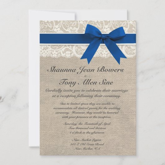 Invitation Réception de mariage du Royal Blue Burlap Ivory La (Devant)
