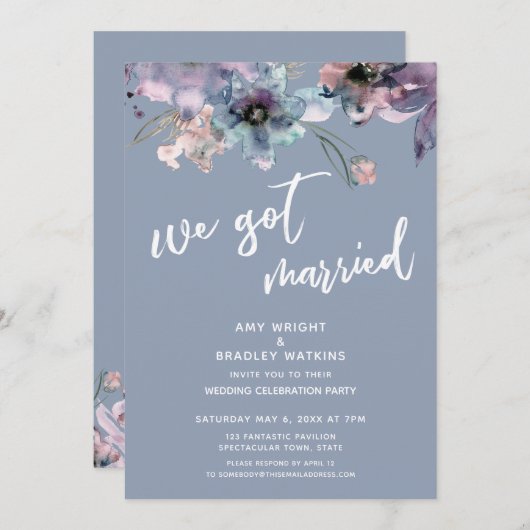 Invitation Réception de mariage Dusty Blue Peinture Florale N (Devant / Derrière)