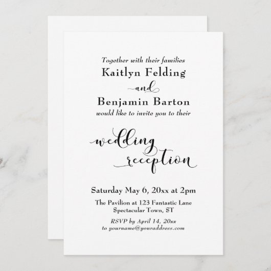 Invitation Réception de mariage écriture simple noir blanc él (Devant / Derrière)