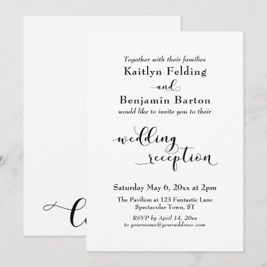 Invitation Réception de mariage élégant script noir blanc sim (Devant / Derrière)