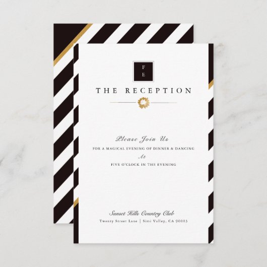 Invitation Réception de mariage élégante à rayures noires et  (Devant / Derrière)