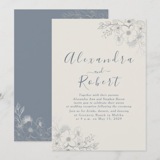 Invitation Réception de mariage élégante aux fleurs bleues po (Devant / Derrière)