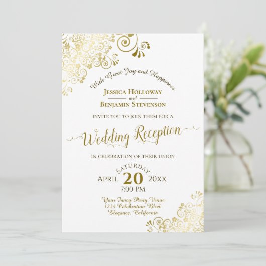 Invitation Réception de mariage élégante avec dentelle dorée  (Debout devant)