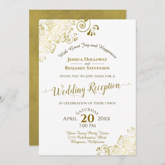 Invitation Réception de mariage élégante avec dentelle dorée  (Devant / Derrière)