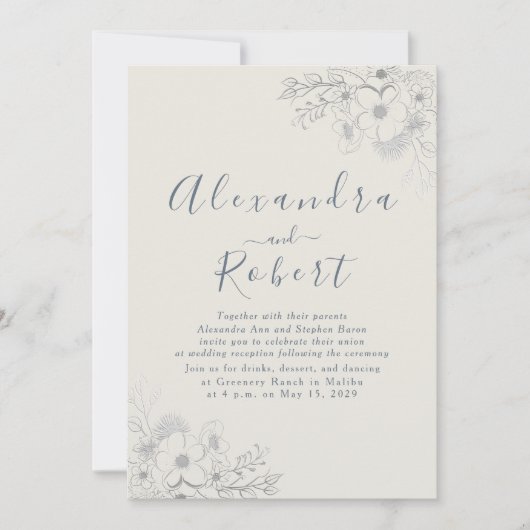 Invitation Réception de mariage élégante avec fleurs bleues p (Devant)