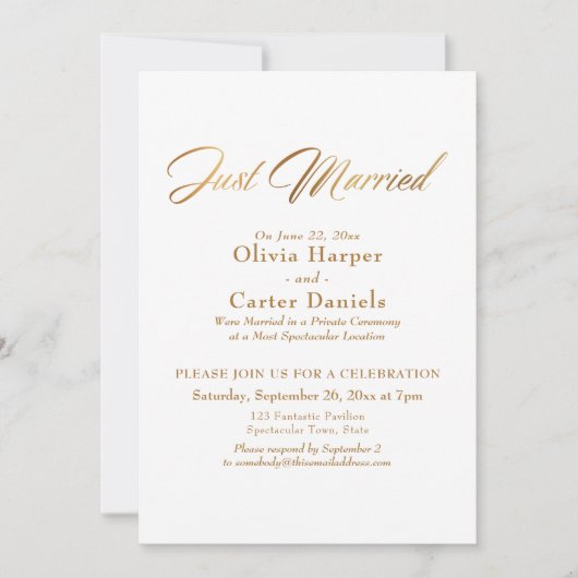 Invitation Réception de mariage élégante calligraphiée en or (Devant)