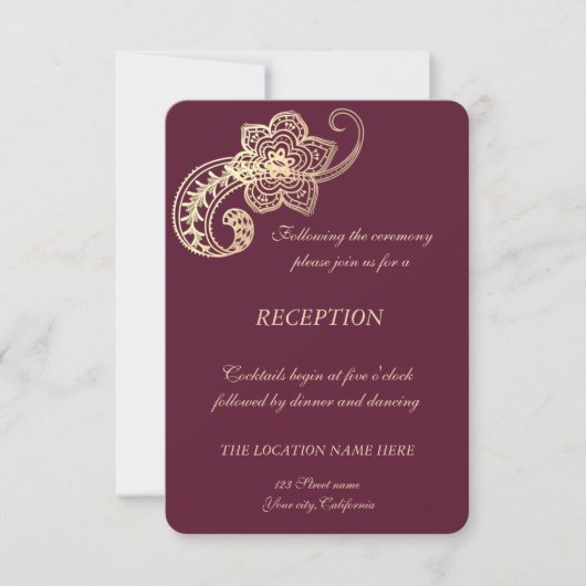 Invitation Réception de mariage élégante chic or cachemire (Devant)