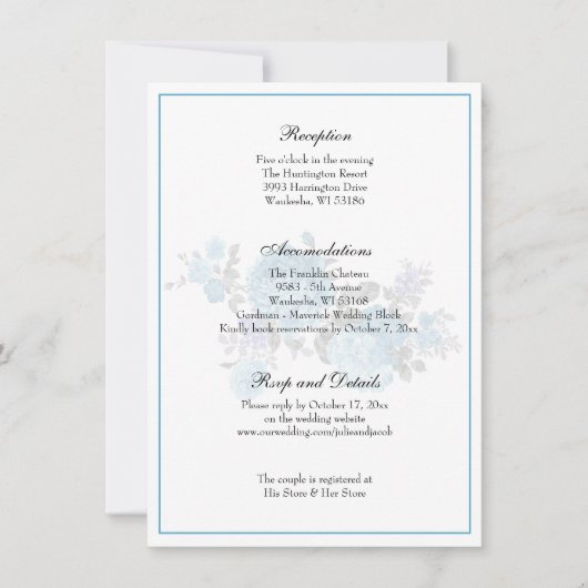 Invitation Réception de mariage élégante classique bleue flor (Devant)