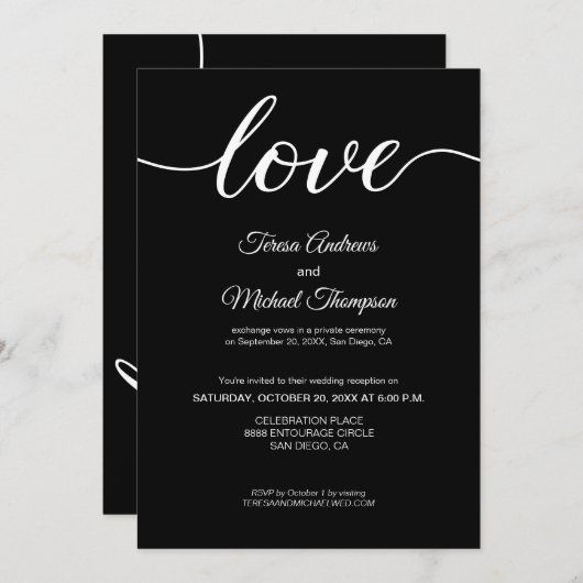 Invitation Réception de mariage élégante noir et blanc pour u (Devant / Derrière)