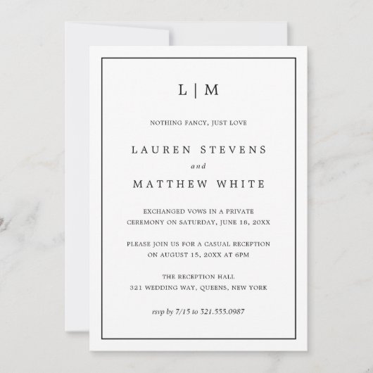Invitation Réception de mariage élégante noir et blanc simple (Devant)