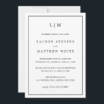Invitation Réception de mariage élégante noir et blanc simple<br><div class="desc">Faire-part de mariage simple avec invitation à la réception présentant un design moderne et élégant avec votre monogramme de deux lettres en haut et vos informations entourées d'une fine bordure. Tout le texte est en noir, sur fond blanc et le verso est noir uni. Les polices et les couleurs de...</div>
