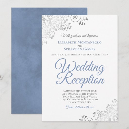 Invitation Réception de mariage élégante poussiéreuse bleue e (Devant / Derrière)