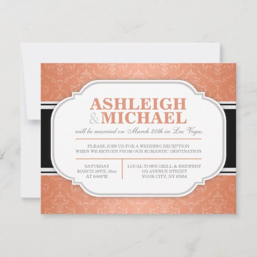 Invitation Réception de mariage en damassé gris et orange uni (Devant)