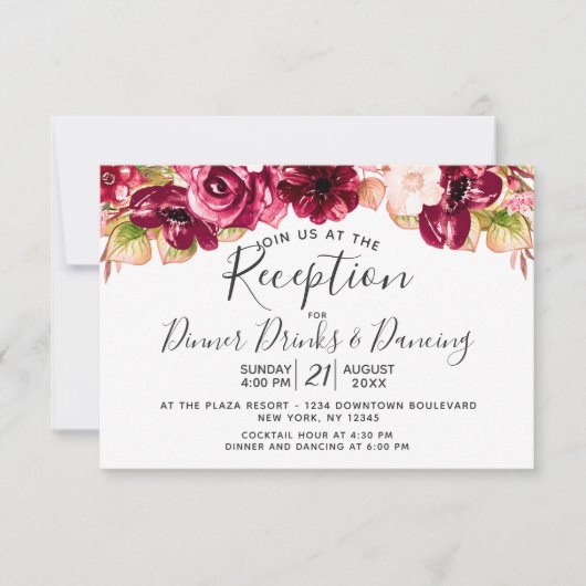 Invitation Réception de mariage en fleurs bordeaux rose paste (Devant)