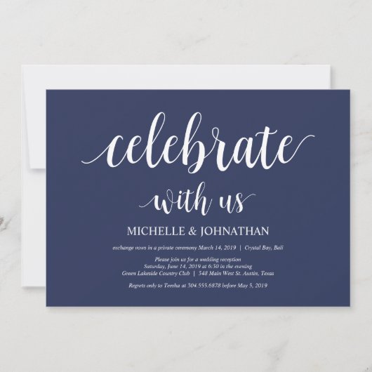 Invitation Réception de mariage en fuite avec bleu marine rus (Devant)