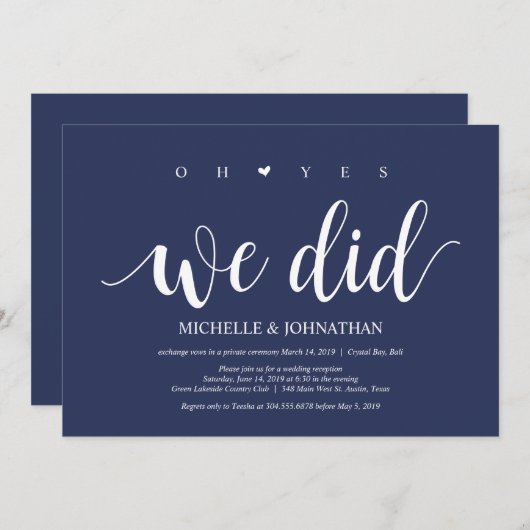 Invitation Réception de mariage en fuite champêtre bleu marin (Devant / Derrière)