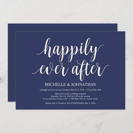 Invitation Réception de mariage en fuite en bleu marine rusti (Devant / Derrière)