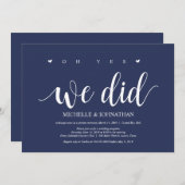 Invitation Réception de mariage en fuite romantique bleu mari (Devant / Derrière)