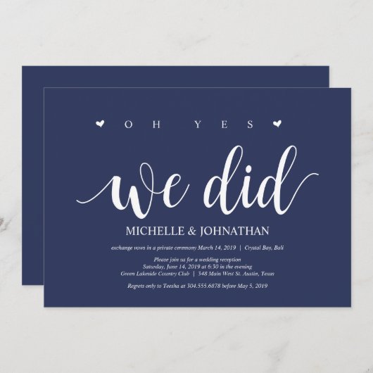 Invitation Réception de mariage en fuite romantique bleu mari (Devant / Derrière)