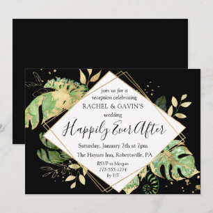 Invitation Réception de mariage en fuite tropical noir et or