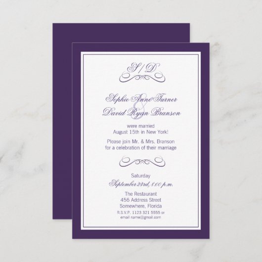 Invitation Réception de mariage en soirée avec bordure violet (Devant / Derrière)