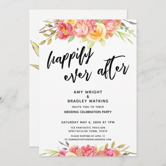 Invitation Réception de mariage fleuri lumineux pour toujours (Devant / Derrière)