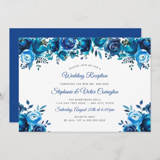 Invitation Réception de mariage fleurie en bleu d'Indigo (Devant / Derrière)