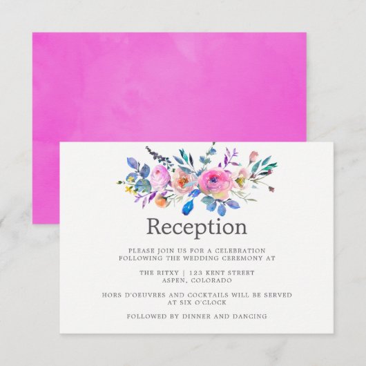 Invitation Réception de mariage floral aquarelle rose vif (Devant / Derrière)