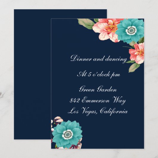 Invitation Réception de mariage floral bleu et rose botanique (Devant / Derrière)