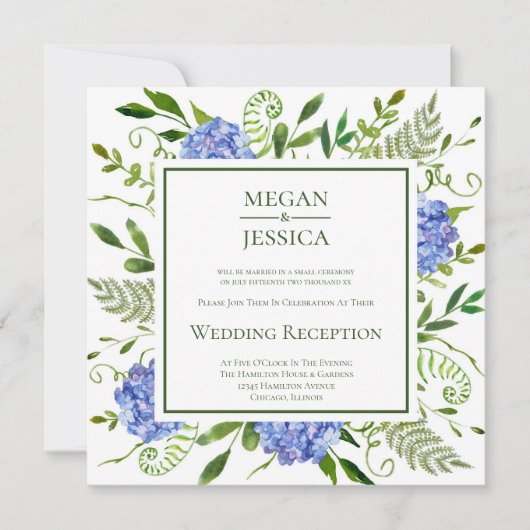 Invitation Réception de mariage floral Hydrangeas bleus LGBTQ (Devant)