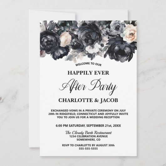 Invitation Réception de mariage Floral Noir (Devant)