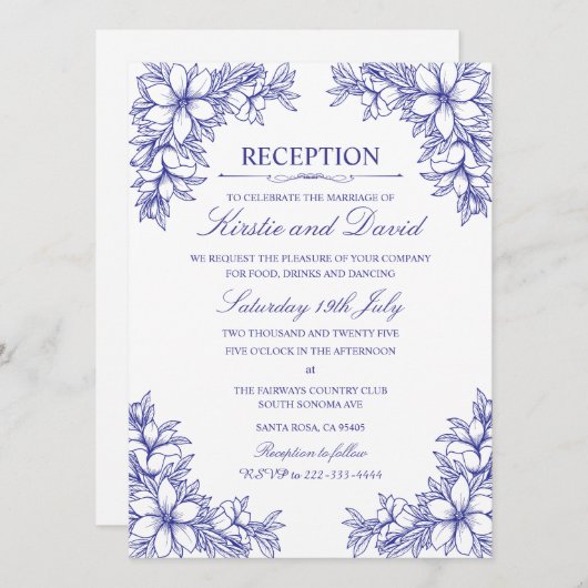 Invitation Réception De Mariage Floral Ornat Bleu (Devant / Derrière)