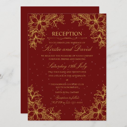 Invitation Réception De Mariage Floral Ornate Or (Devant / Derrière)
