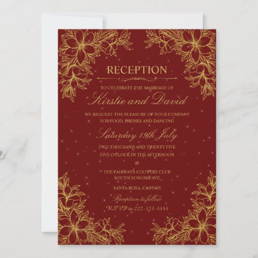 Invitation Réception De Mariage Floral Ornate Or (Devant)