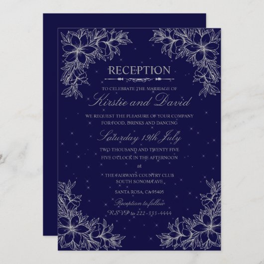 Invitation Réception De Mariage Floral Orné D'Argent (Devant / Derrière)