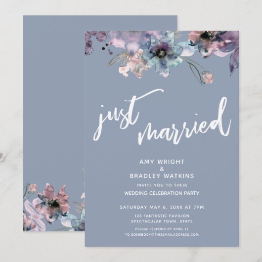 Invitation Réception de mariage floral peint bleu poussiéreux (Devant / Derrière)