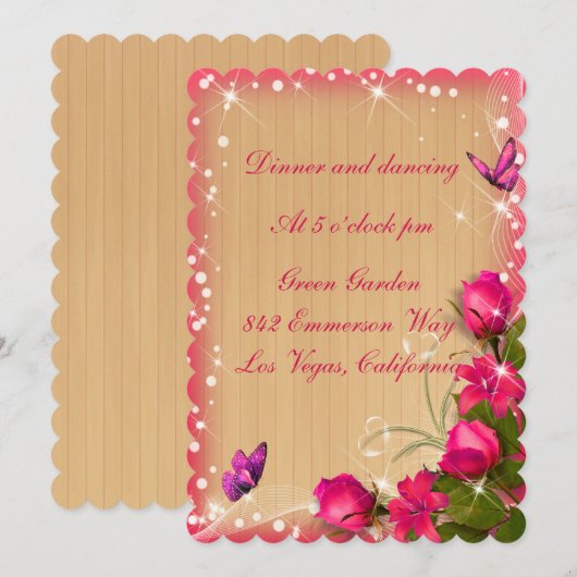 Invitation Réception de mariage floral rose en bois rustique (Devant / Derrière)