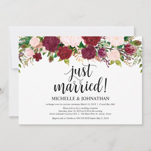 Invitation Réception de mariage floral rose Marsala (Devant)