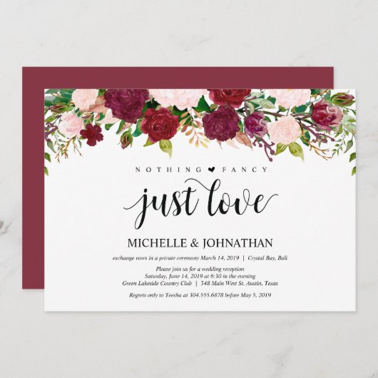 Invitation Réception de mariage floral rose Marsala et fuite (Devant / Derrière)