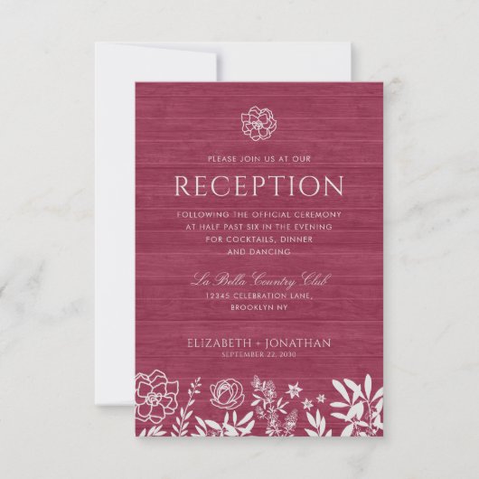 Invitation Réception de mariage floral rustique rouge Bourgog (Devant)