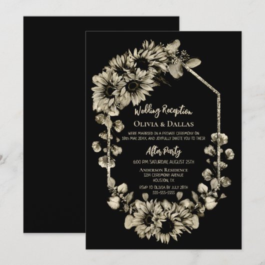 Invitation Réception de mariage floral tournesol noir (Devant / Derrière)