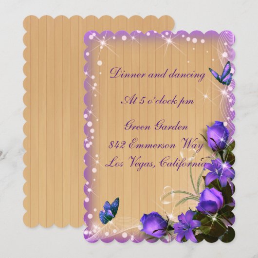 Invitation Réception de mariage floral violet bois rustique (Devant / Derrière)