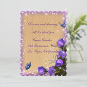 Invitation Réception de mariage floral violet bois rustique (Debout devant)