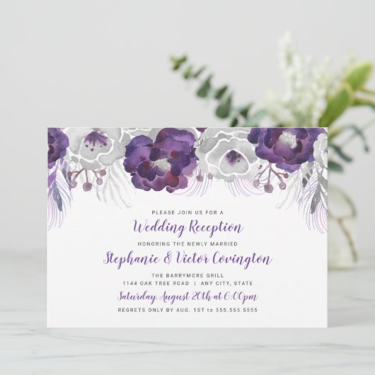 Invitation Réception de mariage florale aquarelle argent viol (Debout devant)