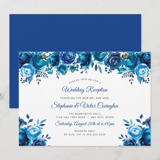 Invitation Réception de mariage florale aquarelle bleu indigo (Devant / Derrière)