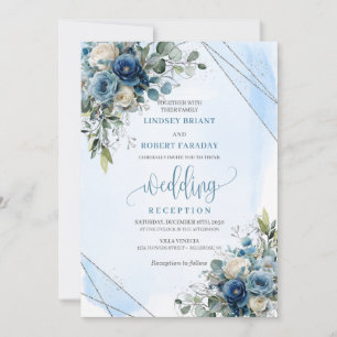 Invitation Réception de mariage florale argentée bleu poussié