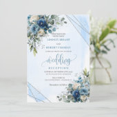 Invitation Réception de mariage florale argentée bleu poussié (Debout devant)