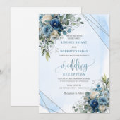 Invitation Réception de mariage florale argentée bleu poussié (Devant / Derrière)